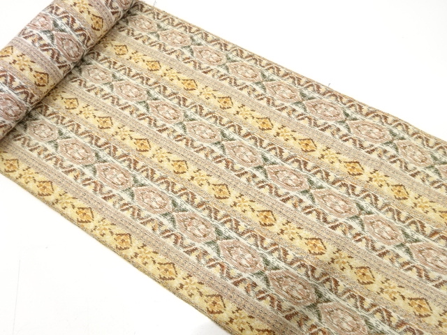 アンティーク　縞に更紗模様織り出し　名古屋帯地反物